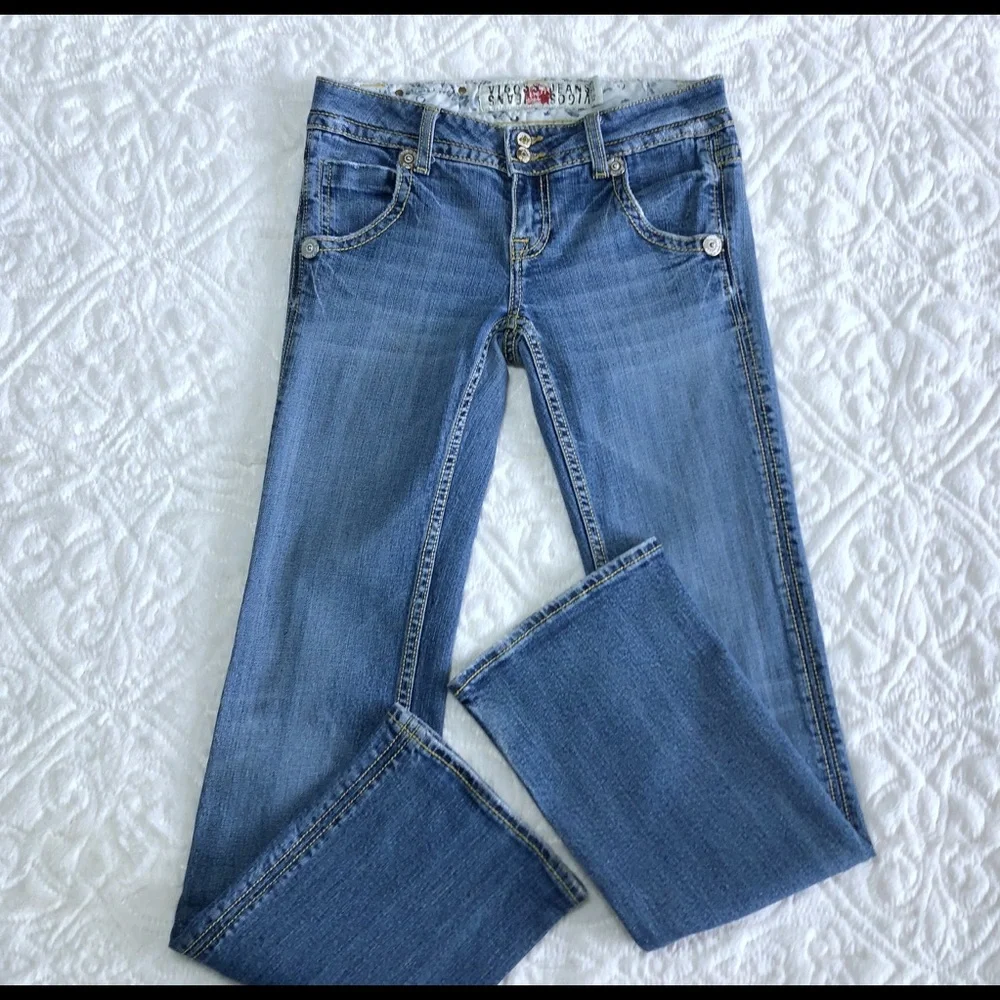 Vigoss Bootcut Jeans Medium Wash Size 28 5/6 EUC Embroidered Pockets Y2K Denim